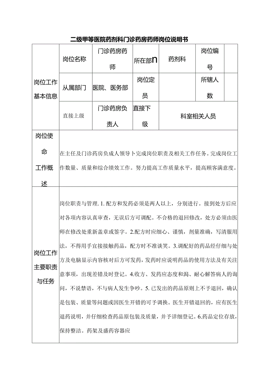 二级甲等医院药剂科门诊药房药师岗位说明书.docx_第1页