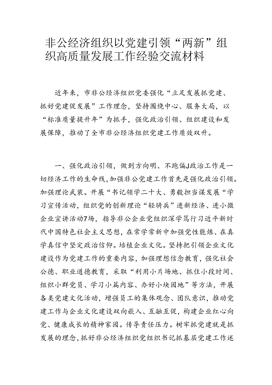 非公经济组织以党建引领“两新”组织高质量发展工作经验交流材料.docx_第1页