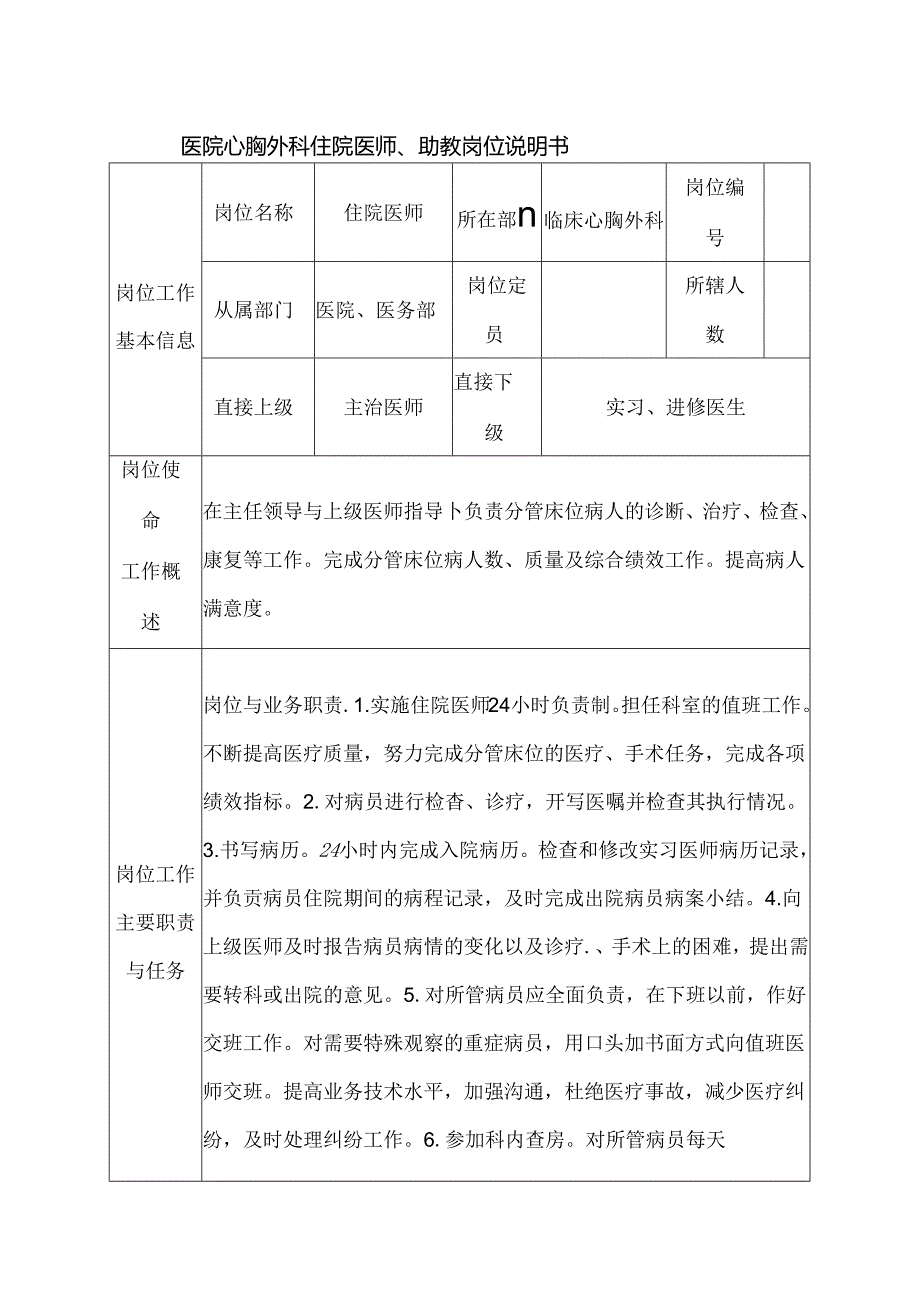 医院心胸外科住院医师、助教岗位说明书.docx_第1页