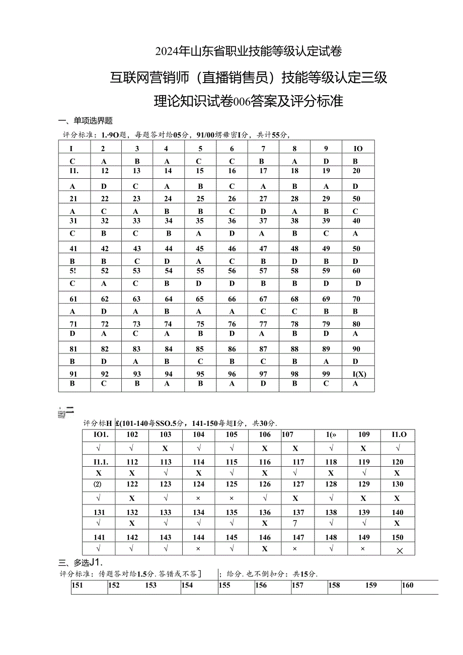 2024年山东省职业技能等级认定试卷 真题 互联网营销师（直播销售员）三级理论试题6理论答案（样题）.docx_第1页