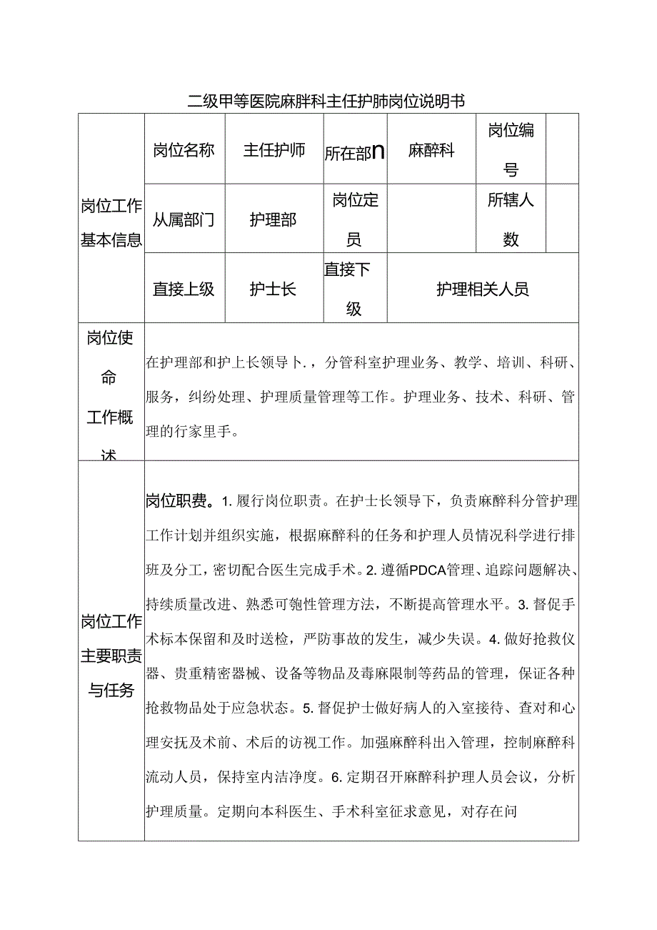 二级甲等医院麻醉科主任护师岗位说明书.docx_第1页