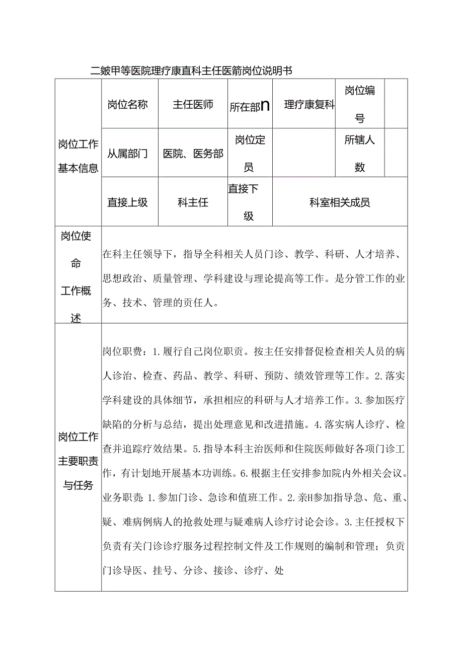 二级甲等医院理疗康复科主任医师岗位说明书.docx_第1页