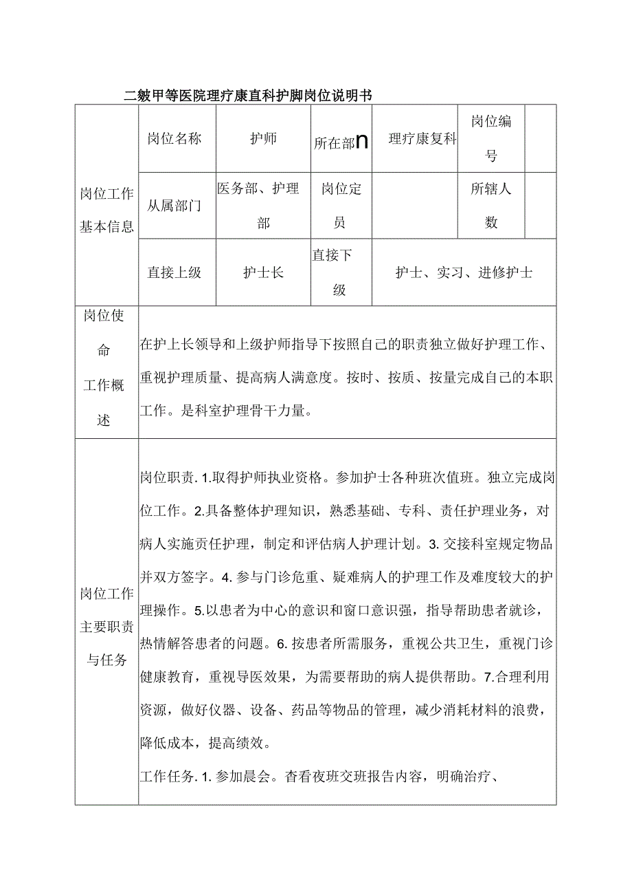 二级甲等医院理疗康复科护师岗位说明书.docx_第1页