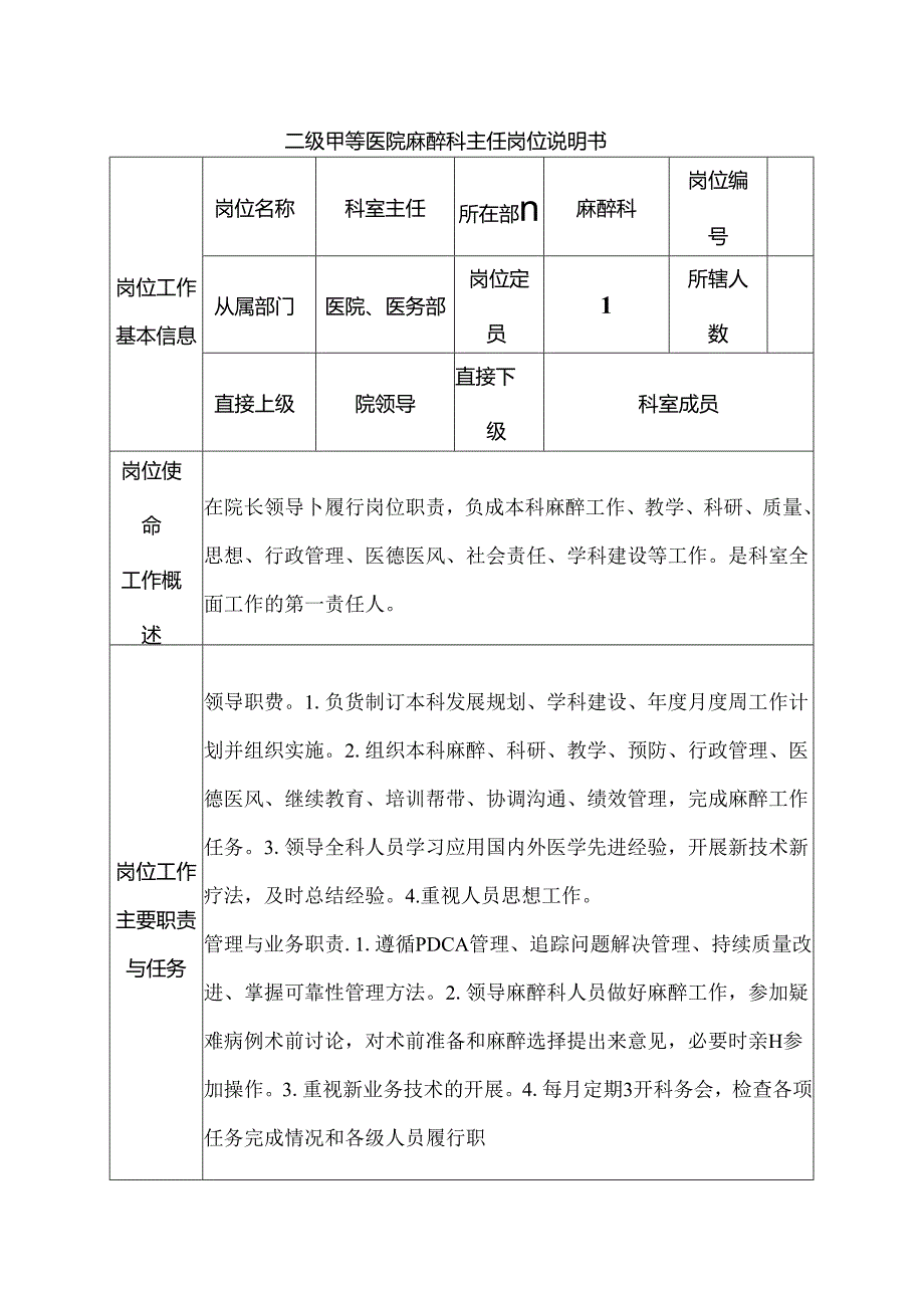 二级甲等医院麻醉科主任岗位说明书.docx_第1页