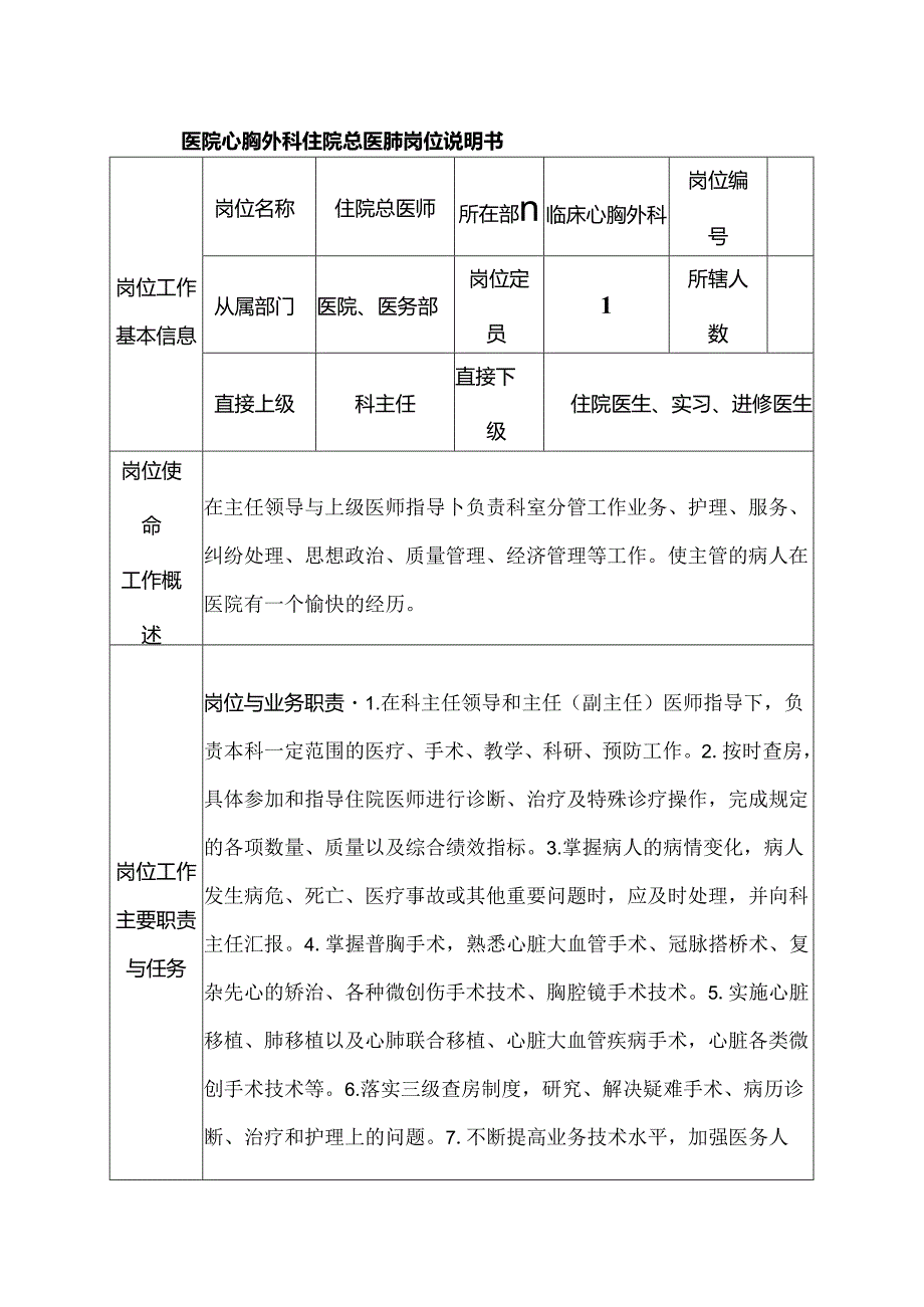 医院心胸外科住院总医师岗位说明书.docx_第1页