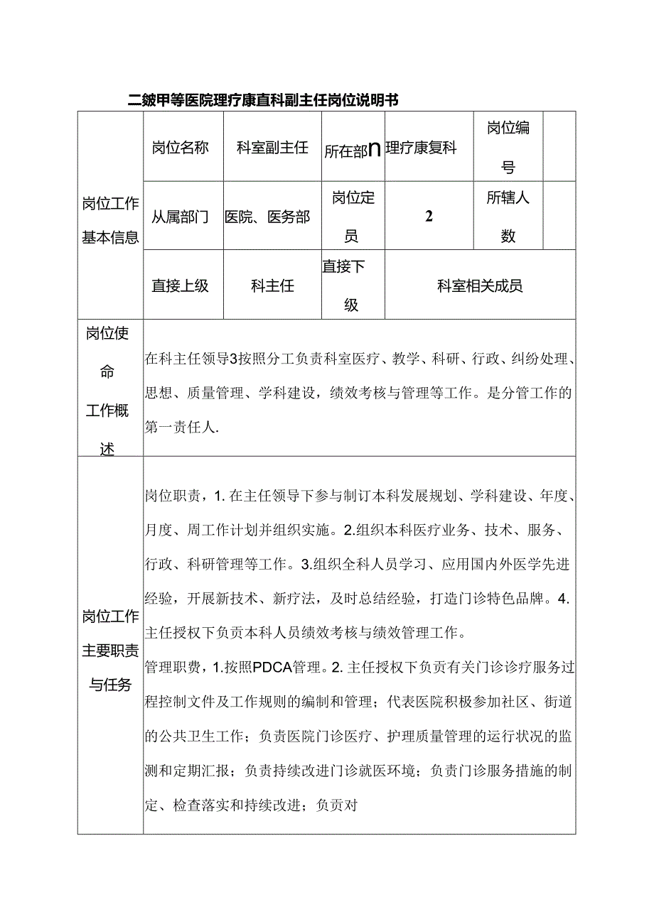 二级甲等医院理疗康复科副主任岗位说明书.docx_第1页