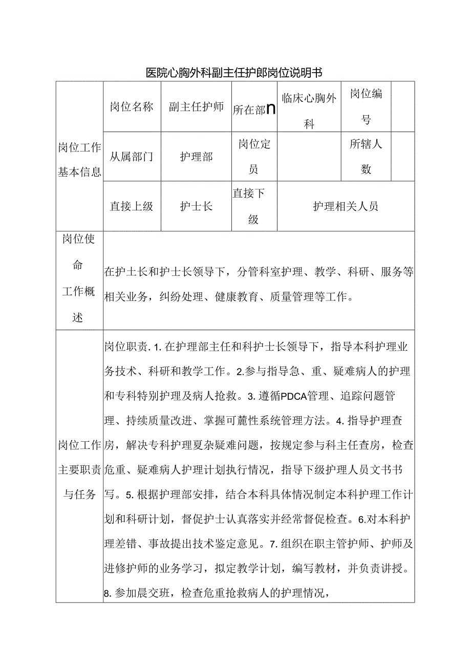 医院心胸外科副主任护师岗位说明书.docx_第1页