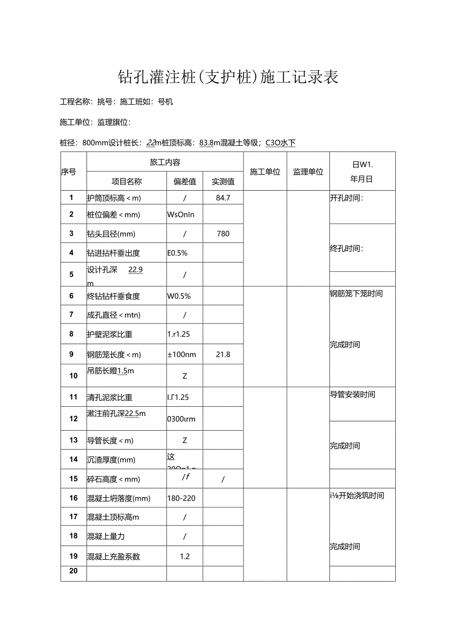 钻孔灌注桩施（支护桩）工记录表.docx_第1页