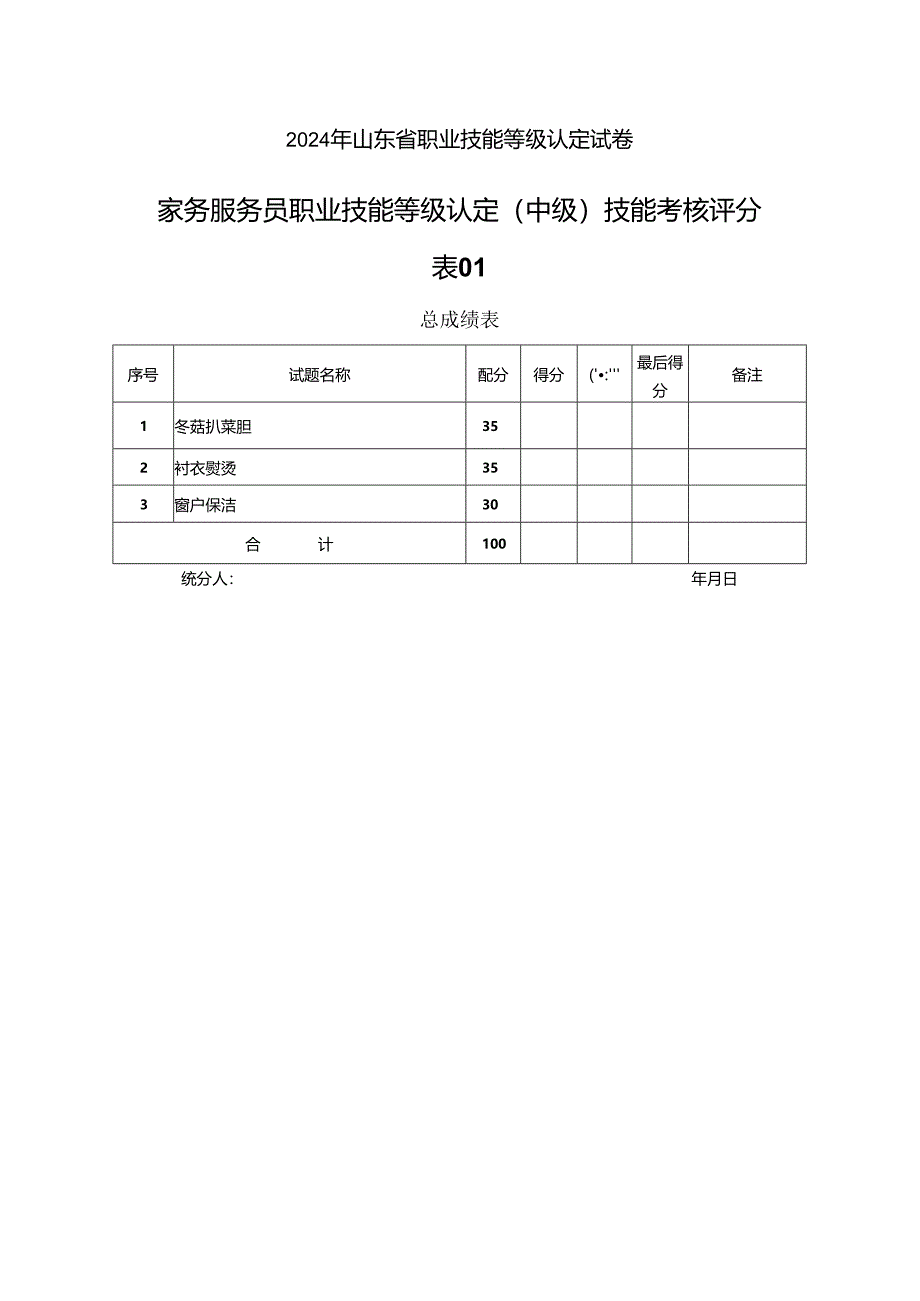 2024年山东省职业技能等级认定试卷 真题 中级操作技能考核 评分记录表.docx_第1页