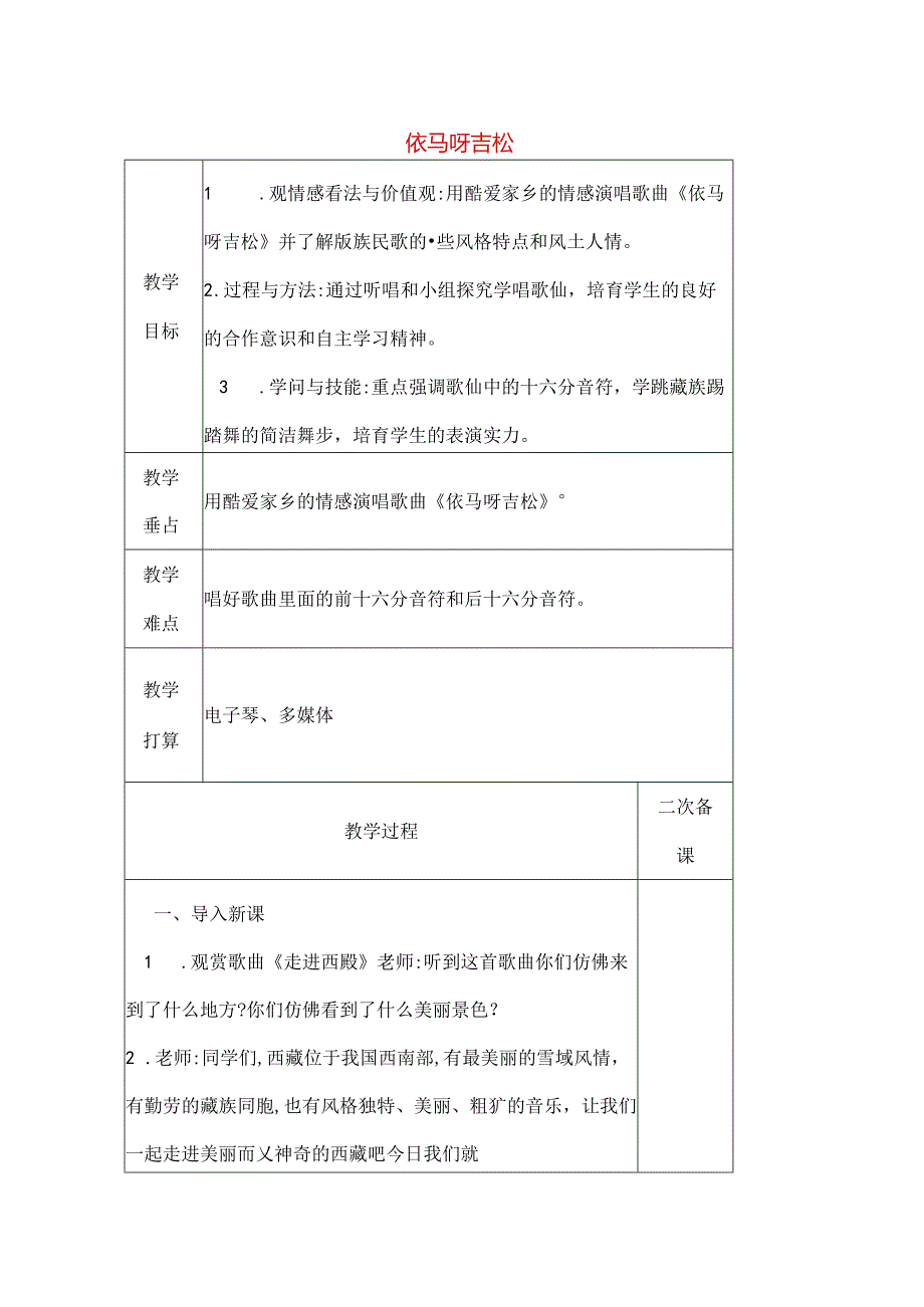 五年级音乐上册第一单元《依马呀吉松》教案新人教版[1].docx_第1页