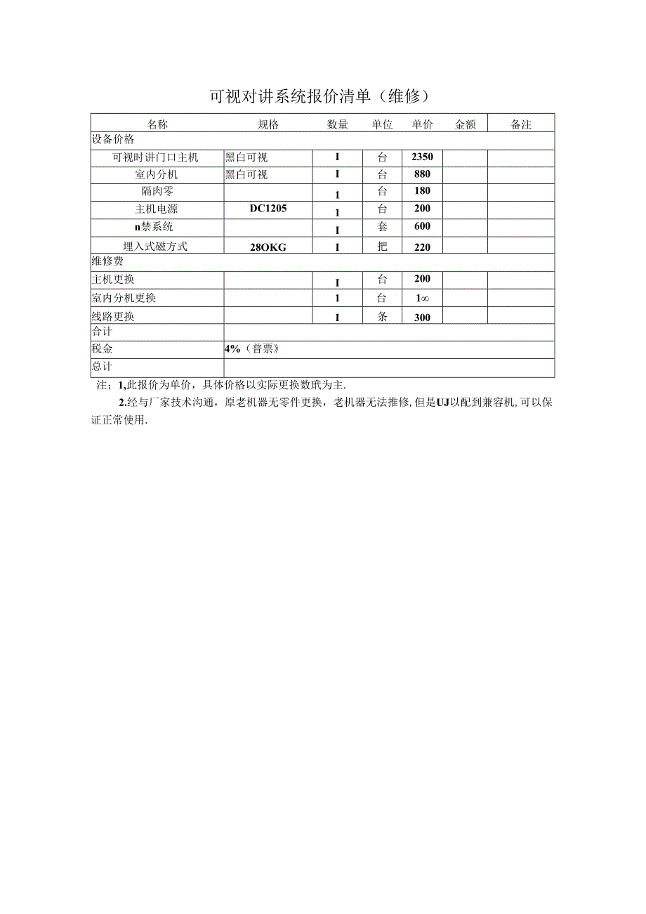 可视对讲系统报价清单.docx_第1页