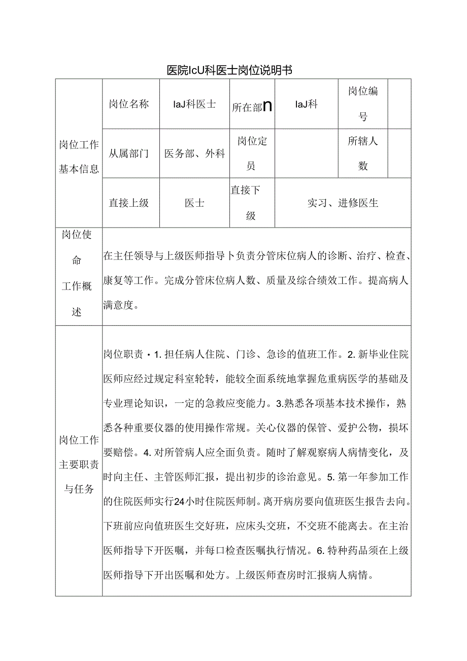 医院ICU科医士岗位说明书.docx_第1页