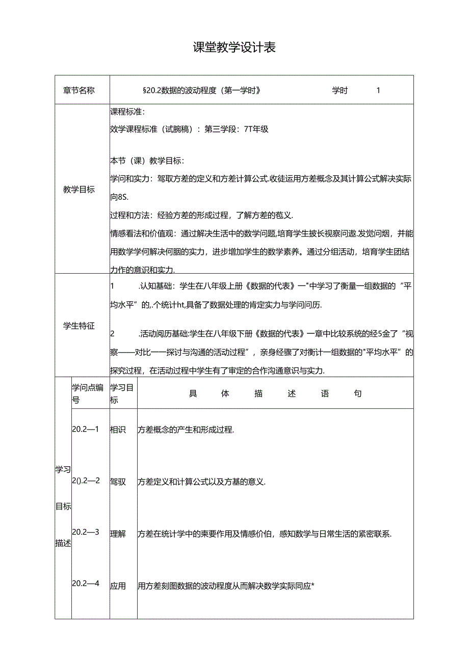 人教版八年级下册 20.2.1 数据的波动程度 教学设计.docx_第1页