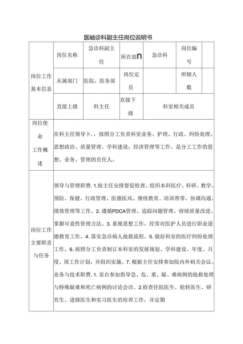 医院急诊科副主任岗位说明书.docx_第1页