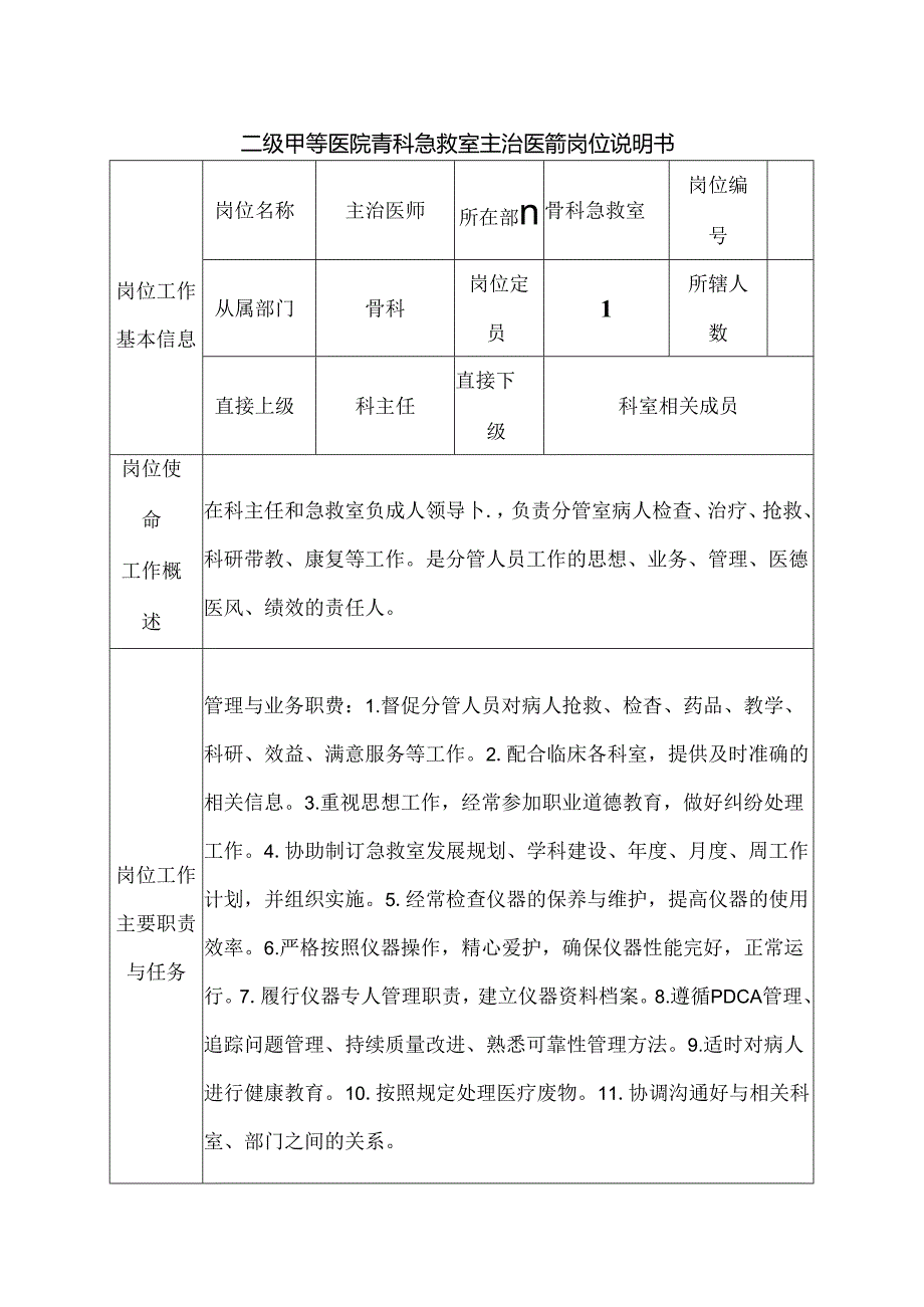 二级甲等医院骨科急救室主治医师岗位说明书.docx_第1页