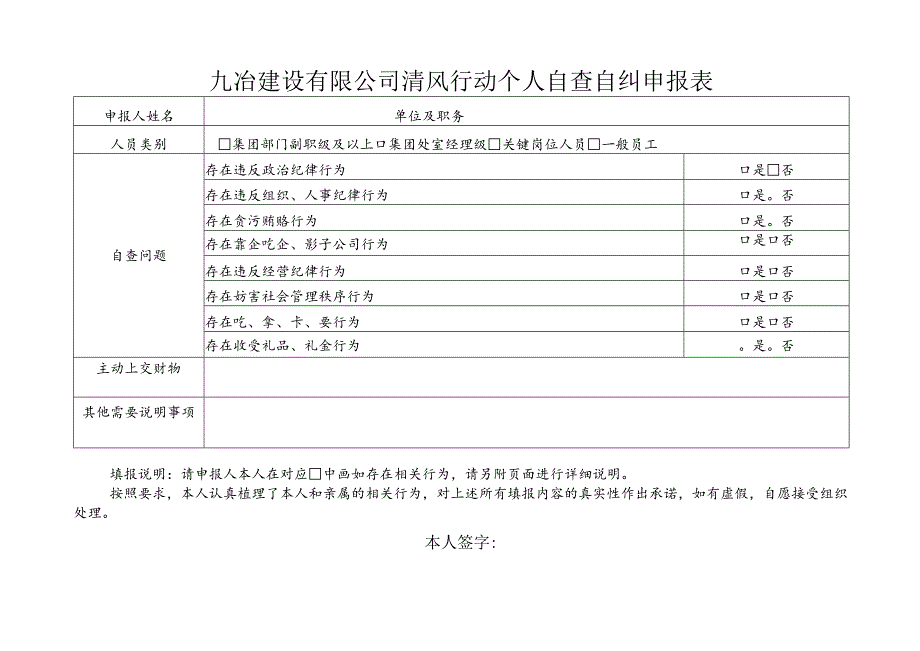 附件1：九冶建设有限公司清风行动个人自查自纠申报表.docx_第1页