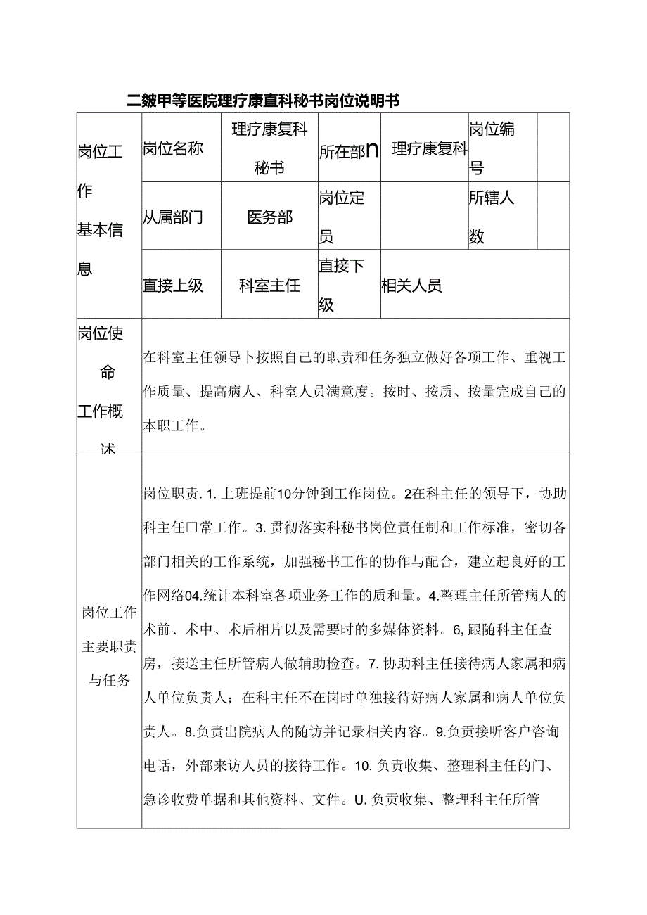 二级甲等医院理疗康复科秘书岗位说明书.docx_第1页