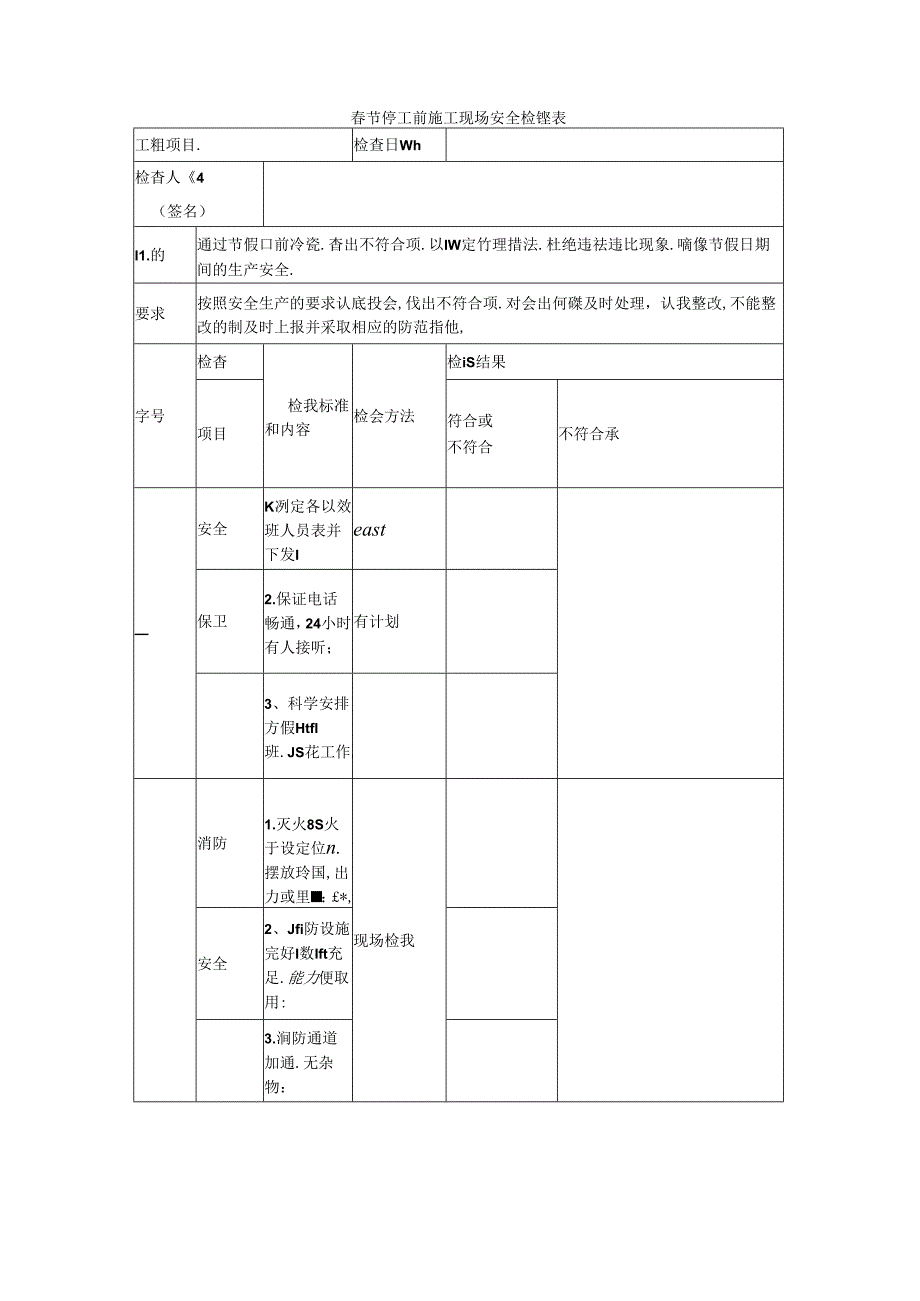 春节停工前施工现场安全检查表（附项目部春节放假期间安全管理）.docx_第1页