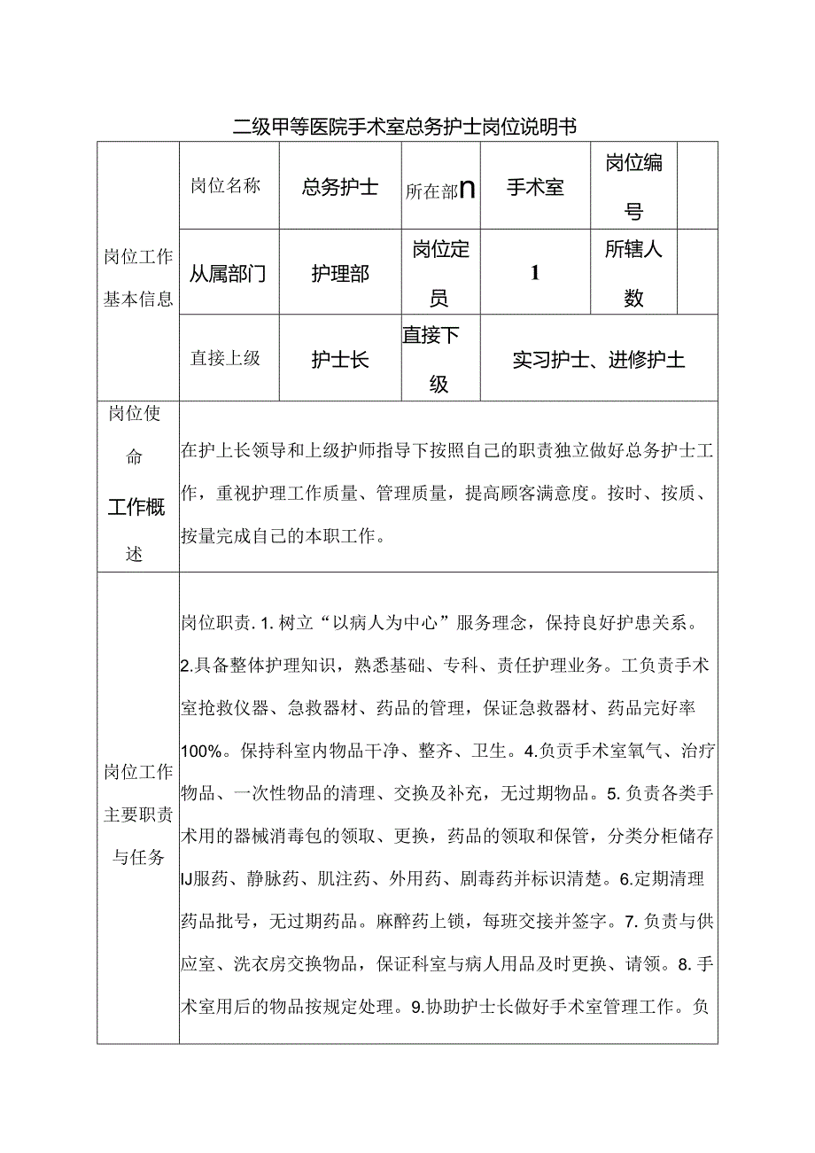 二级甲等医院手术室总务护士岗位说明书.docx_第1页