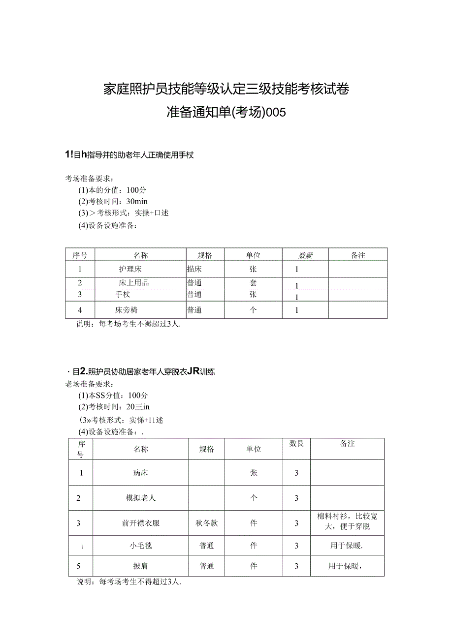 2024年山东省职业技能等级认定试卷 真题 家庭照护员 高级 考场、考生准备通知单 (5).docx_第1页