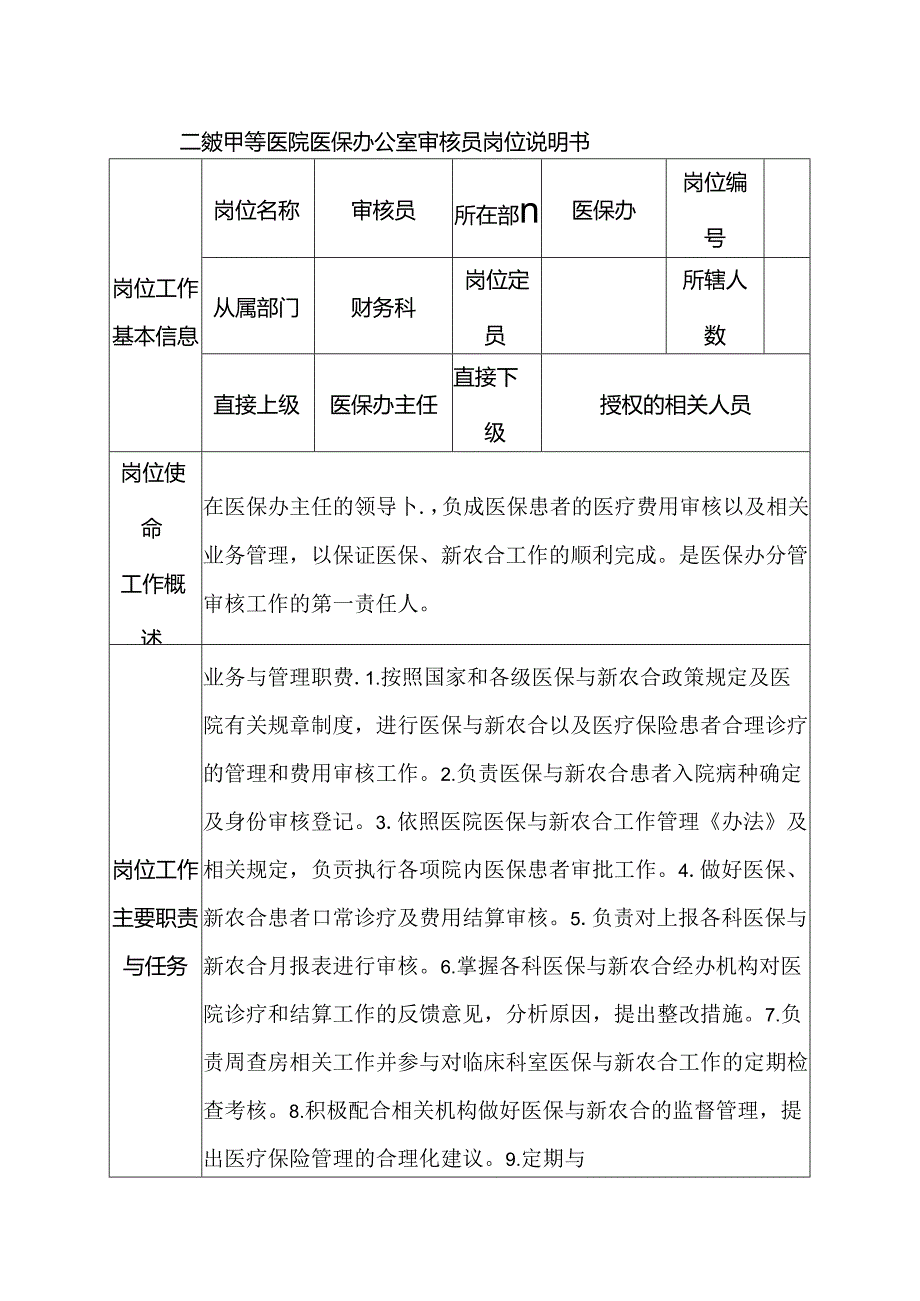 二级甲等医院医保办公室审核员岗位说明书.docx_第1页