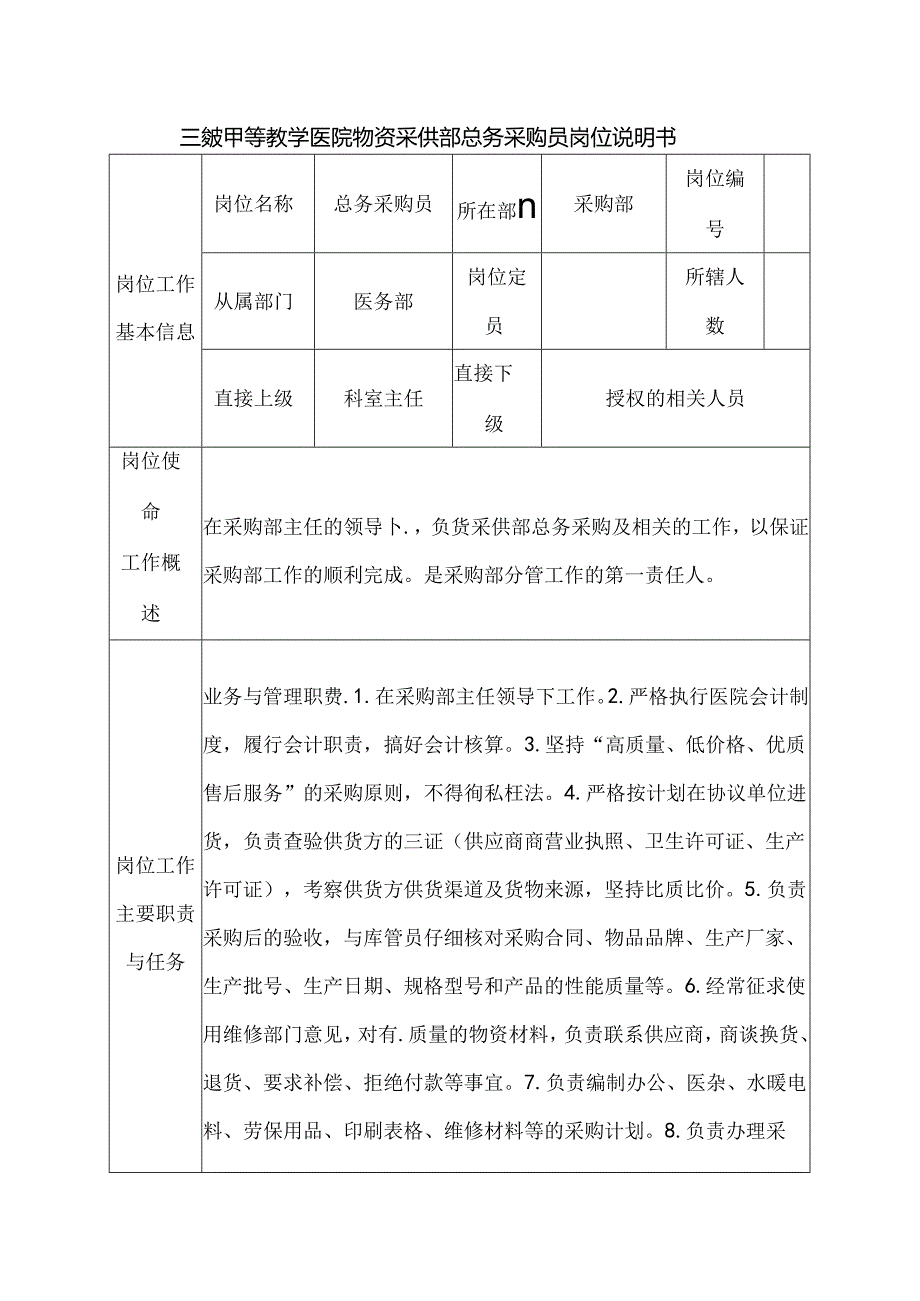 三级甲等教学医院物资采供部总务采购员岗位说明书.docx_第1页