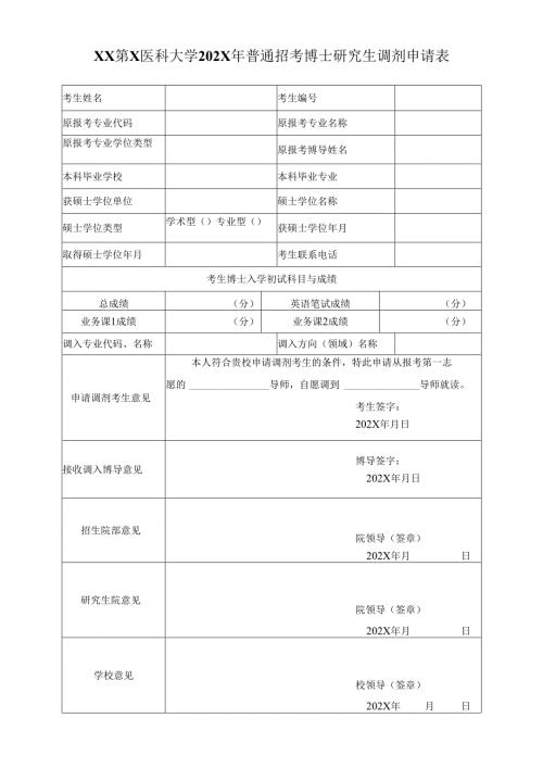 XX第X医科大学202X年普通招考博士研究生调剂申请表（2024年）.docx