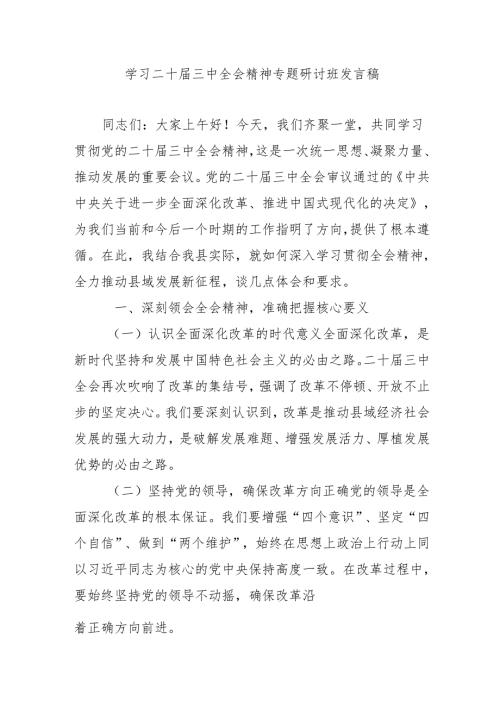 2024年开展《学习二十届三中全会精神》专题研讨班发言稿.docx