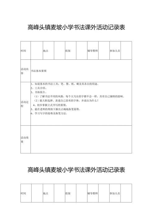 麦坡小学书法课外活动记录表.docx